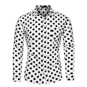White and Black Polka Dots Long Sleeve Slim Fit Printed Dress Button Down Shirt